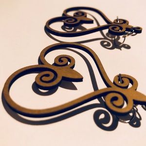 Baroque Scrollwork Natural Wooden Heart Earrings